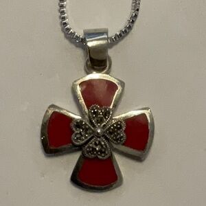 Elegant Red and Silver Cross Pendant Necklace